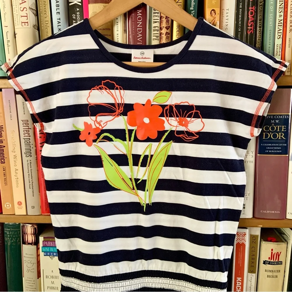 Hanna Andersson Blue White Striped Orange Flowers Drop Waist Cotton Dress 150 12 - Picture 2 of 8